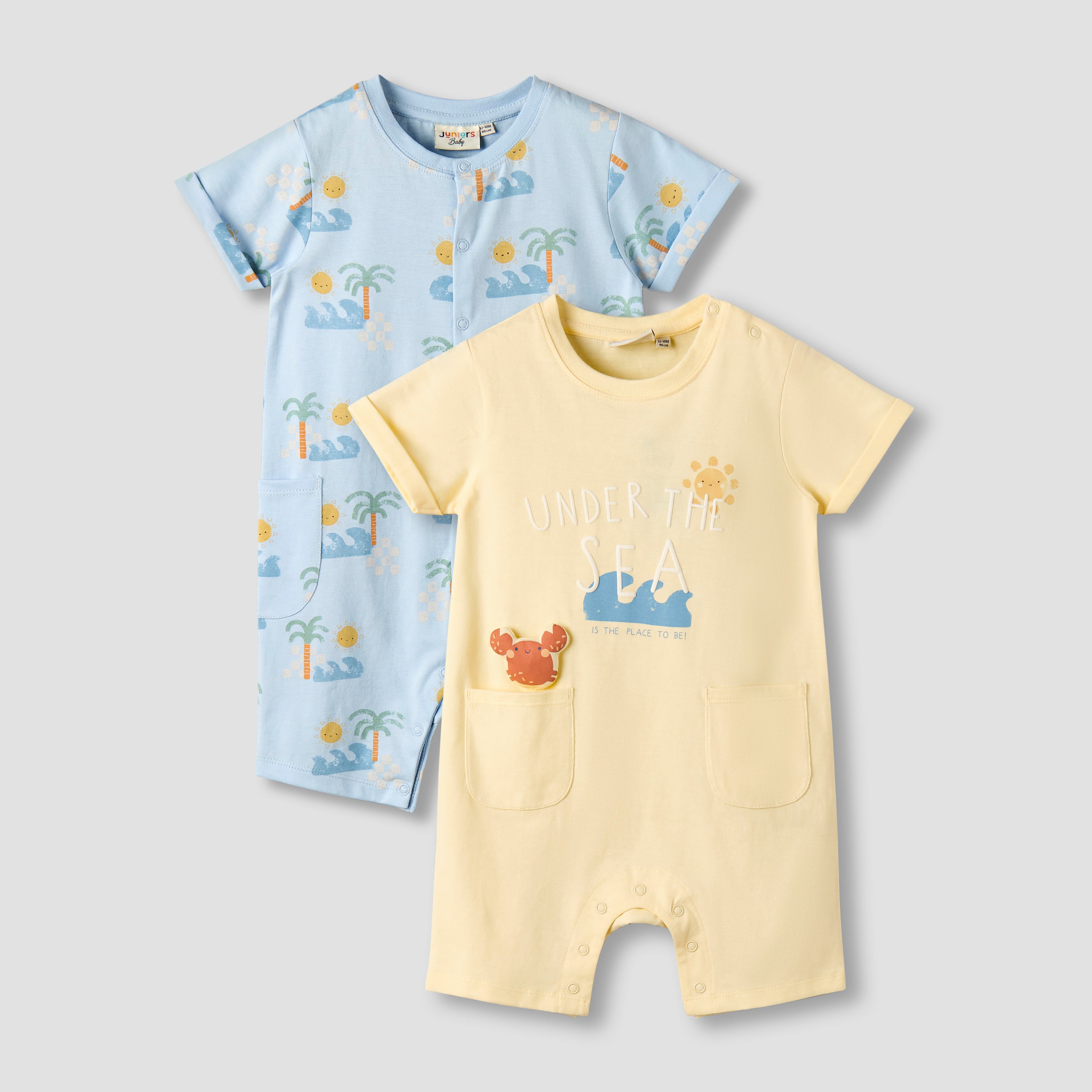 Pack of 2 Juniors Crew Neck Short Sleeves Romper with Snap Button Closure - Multicolour / 12-18 mths