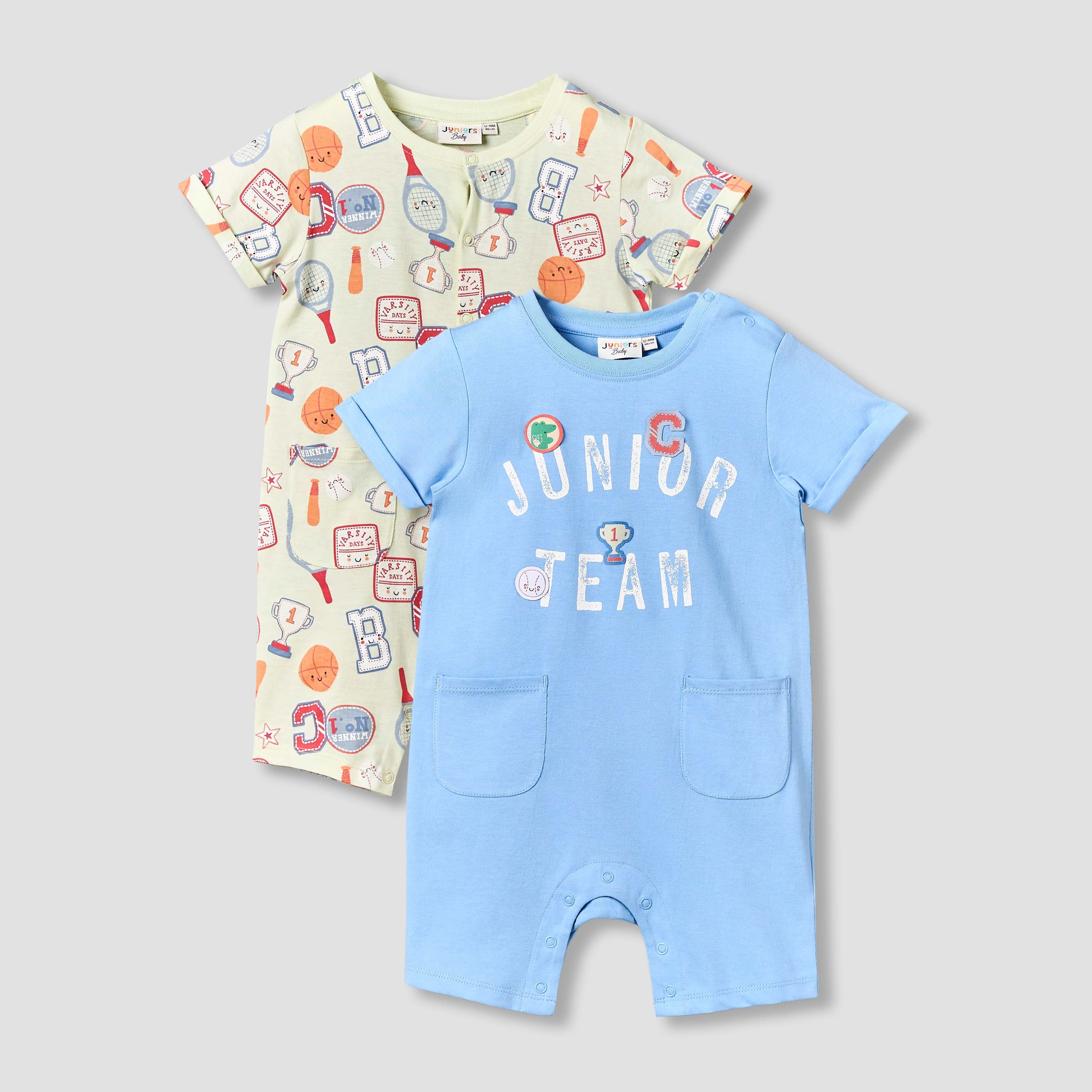 Pack of 2 Juniors Round Neck Short Sleeve Romper with Pockets - Multicolour / 12-18 mths