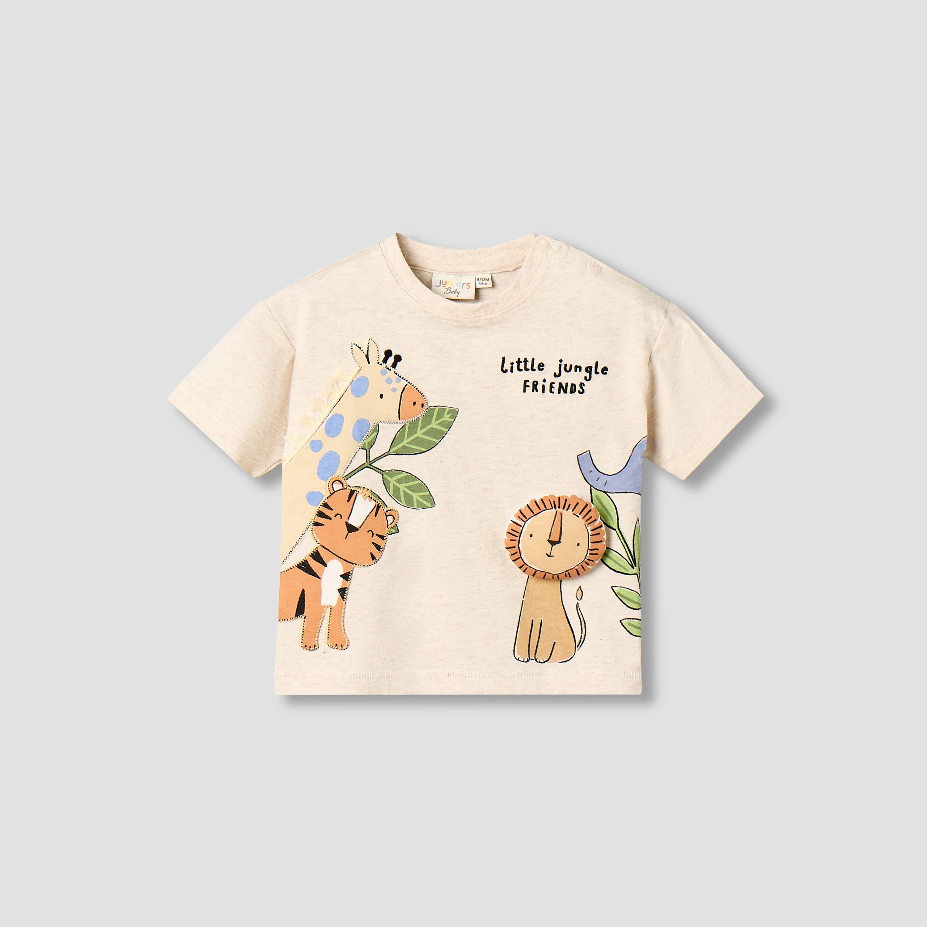 Juniors Crew Neck Short Sleeves T-shirt with Animal Applique - Beige / 12-18 mths