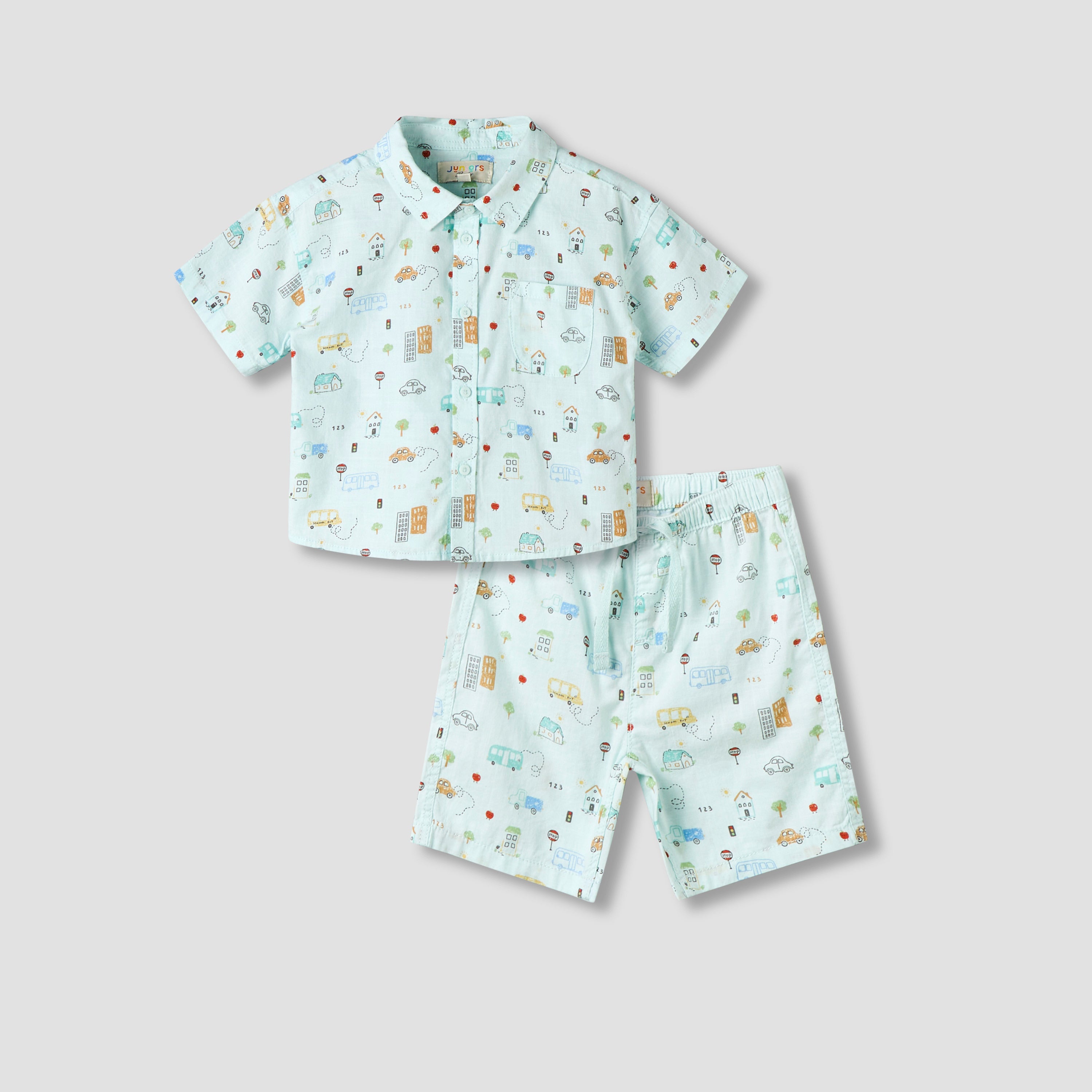 Juniors Collared Neck Short Sleeve Shirt and Shorts Set with Pocket - Blue / 12-18 mths