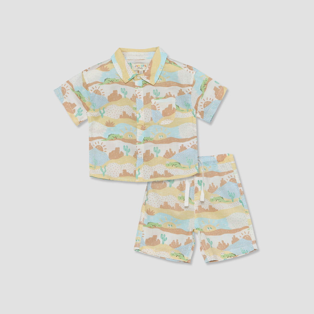 Juniors Collared Short Sleeves Shirt and Shorts Set with Desert Print - Beige / 12-18 mths