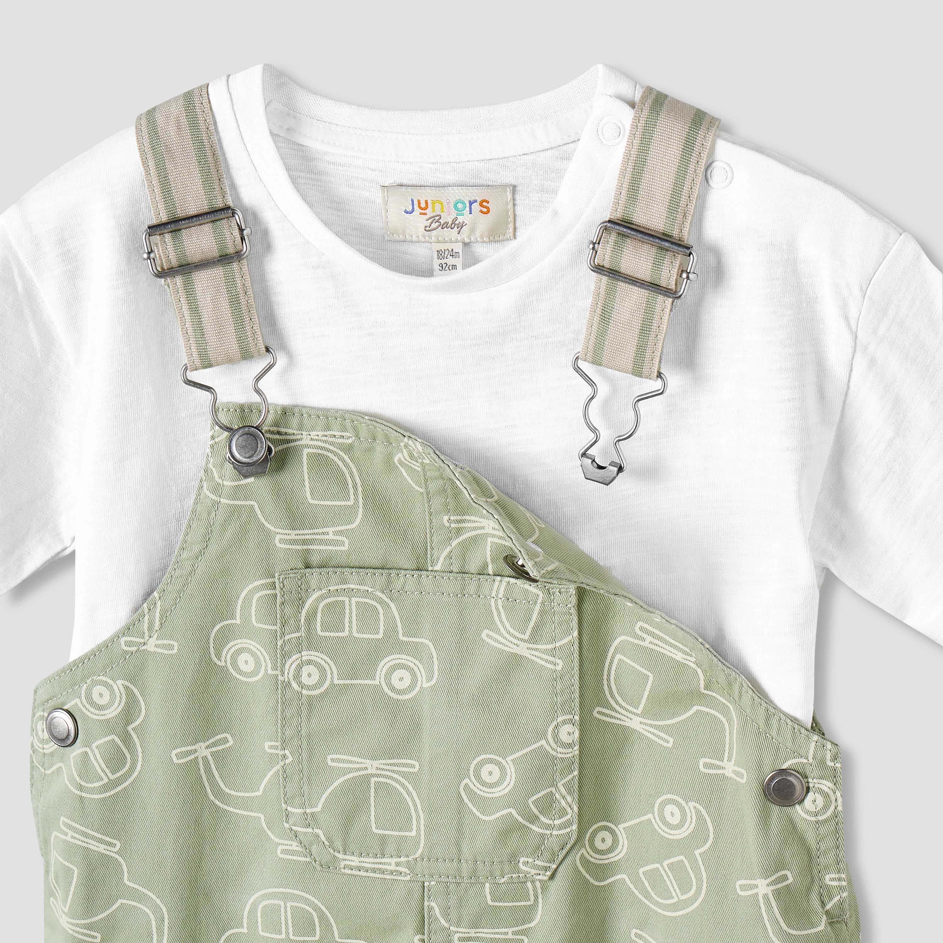 Juniors Crew Neck Short Sleeves T-shirt and Dungaree Set with Vehicle Print