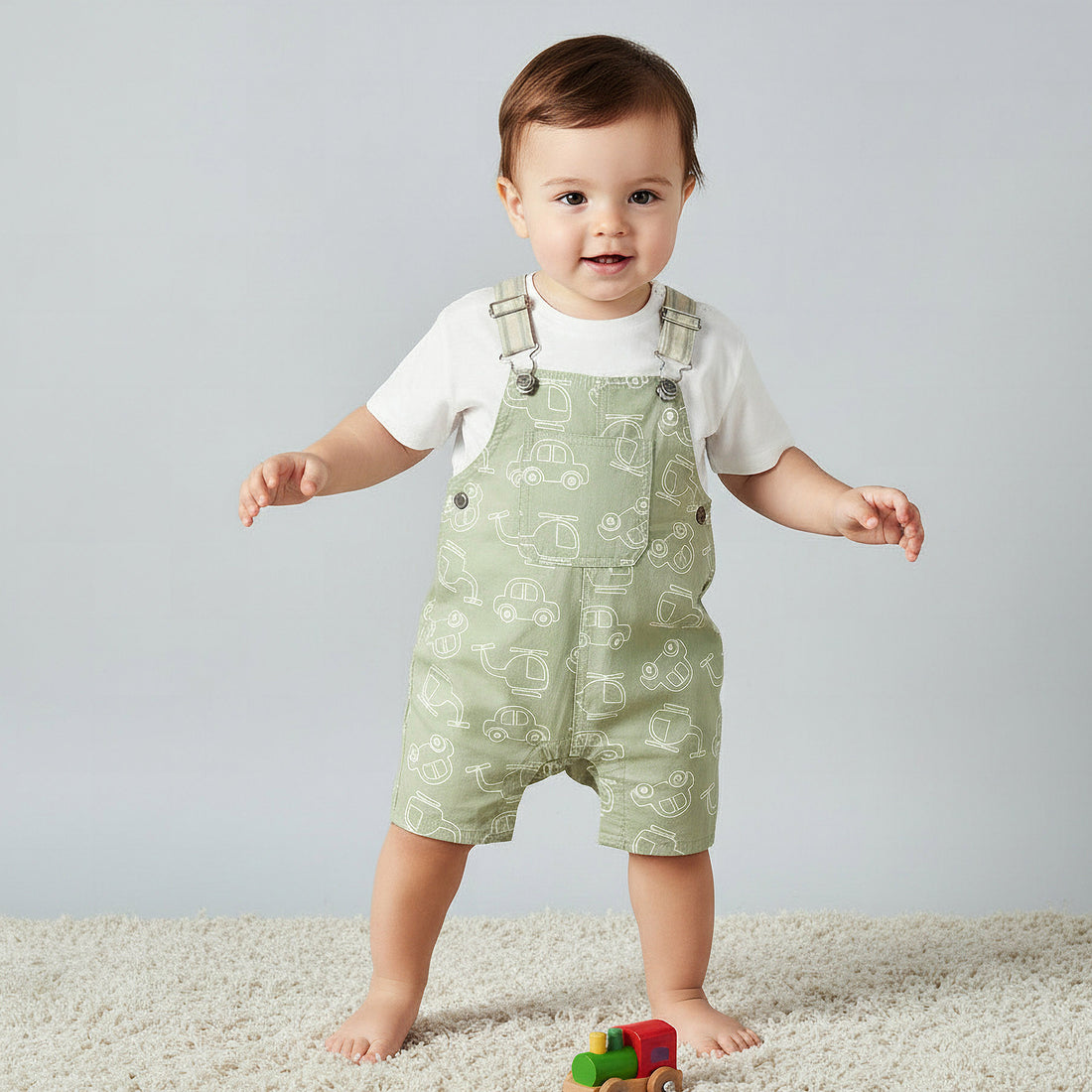 Juniors Crew Neck Short Sleeves T-shirt and Dungaree Set with Vehicle Print - Green / 18-24 mths