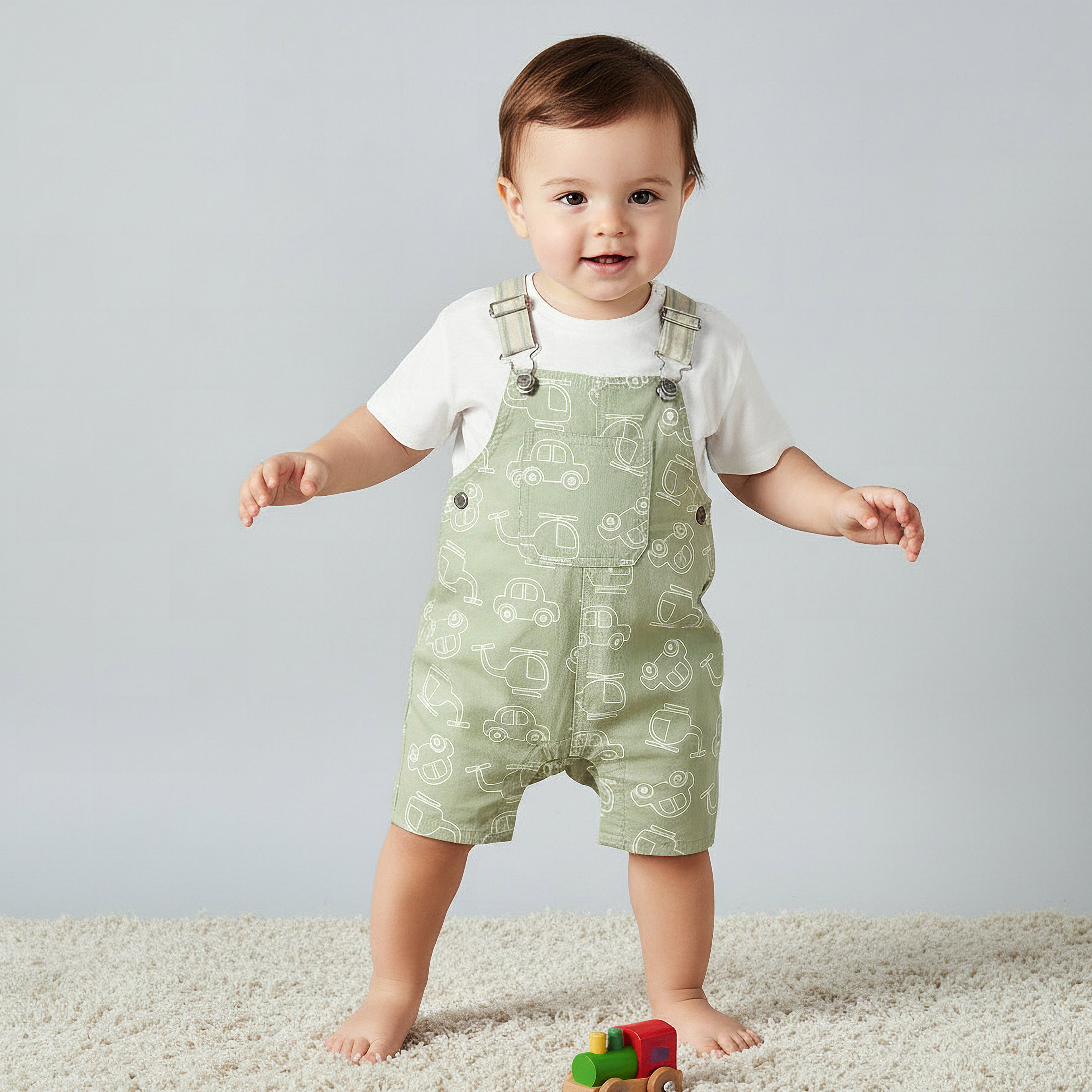 Juniors Crew Neck Short Sleeves T-shirt and Dungaree Set with Vehicle Print - Green / 18-24 mths
