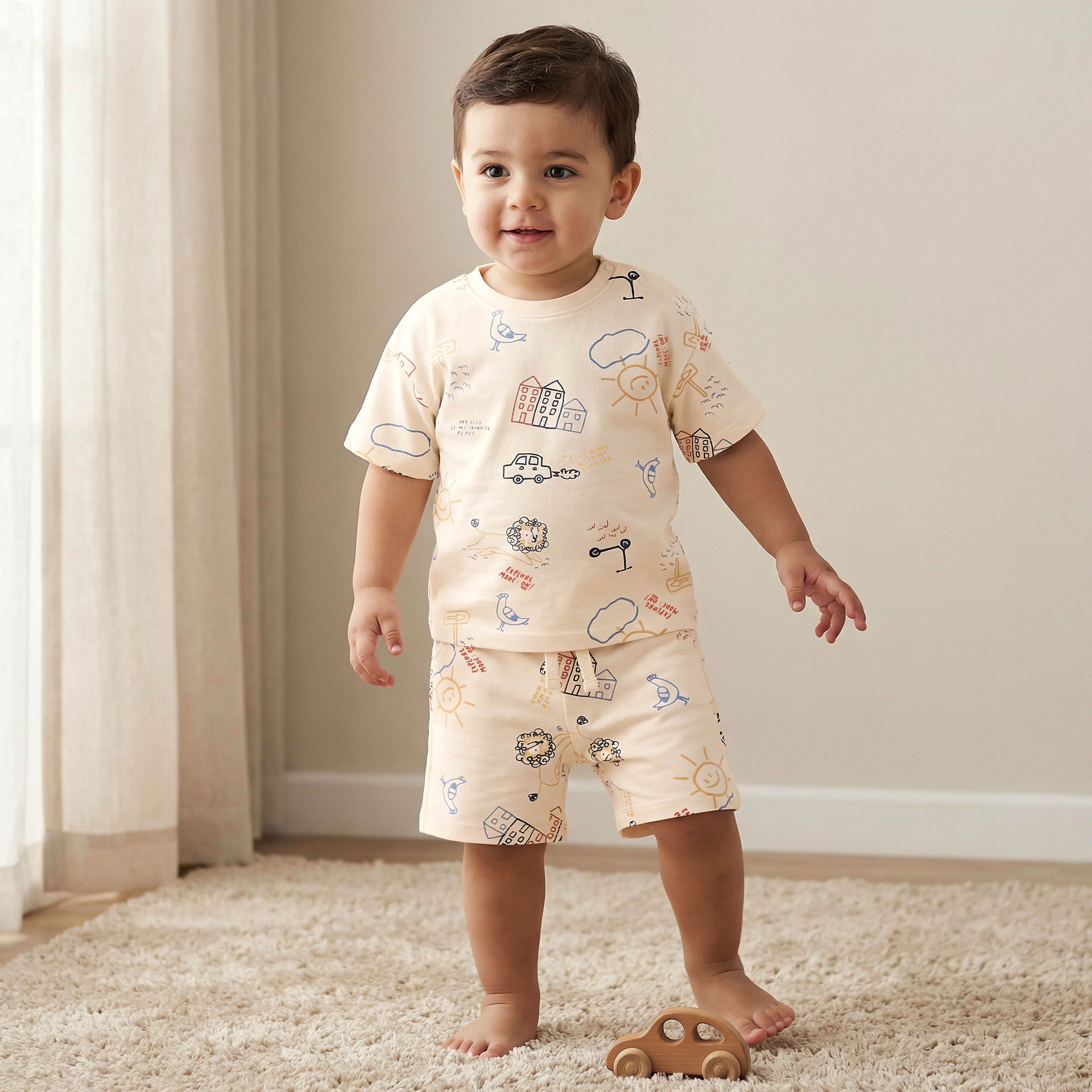 Juniors Crew Neck Short Sleeves T-shirt and Shorts Set with Print - Orange / 18-24 mths