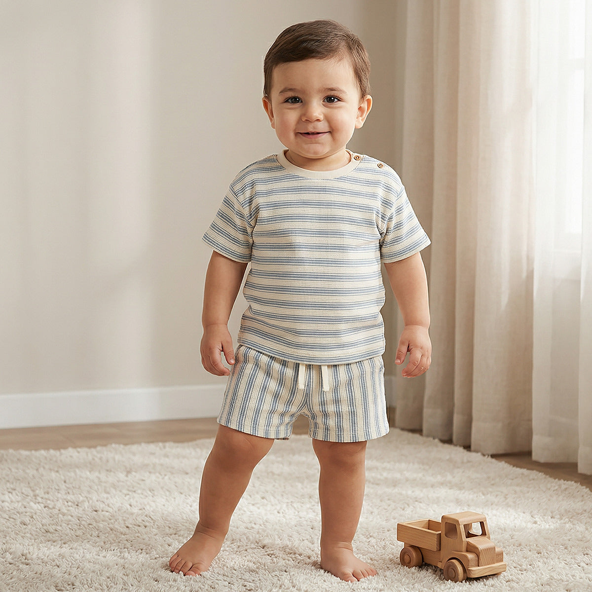 Juniors Crew Neck Short Sleeves T-shirt and Shorts Set with Button Closure - Multicolour / 18-24 mths