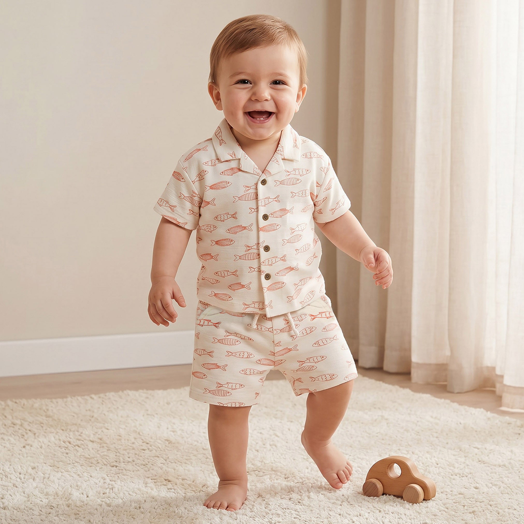 Juniors Collared Short Sleeves Shirt and Shorts Set with Fish Print
