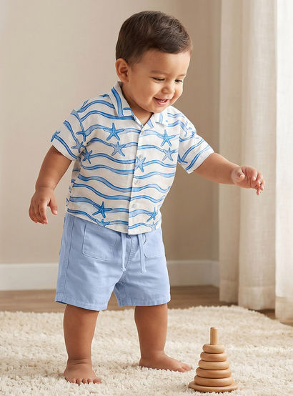 Juniors Collared Neck Short Sleeve Shirt and Shorts Set with Drawstring Closure-baby-boys-clothing-setsandcoords-image-1
