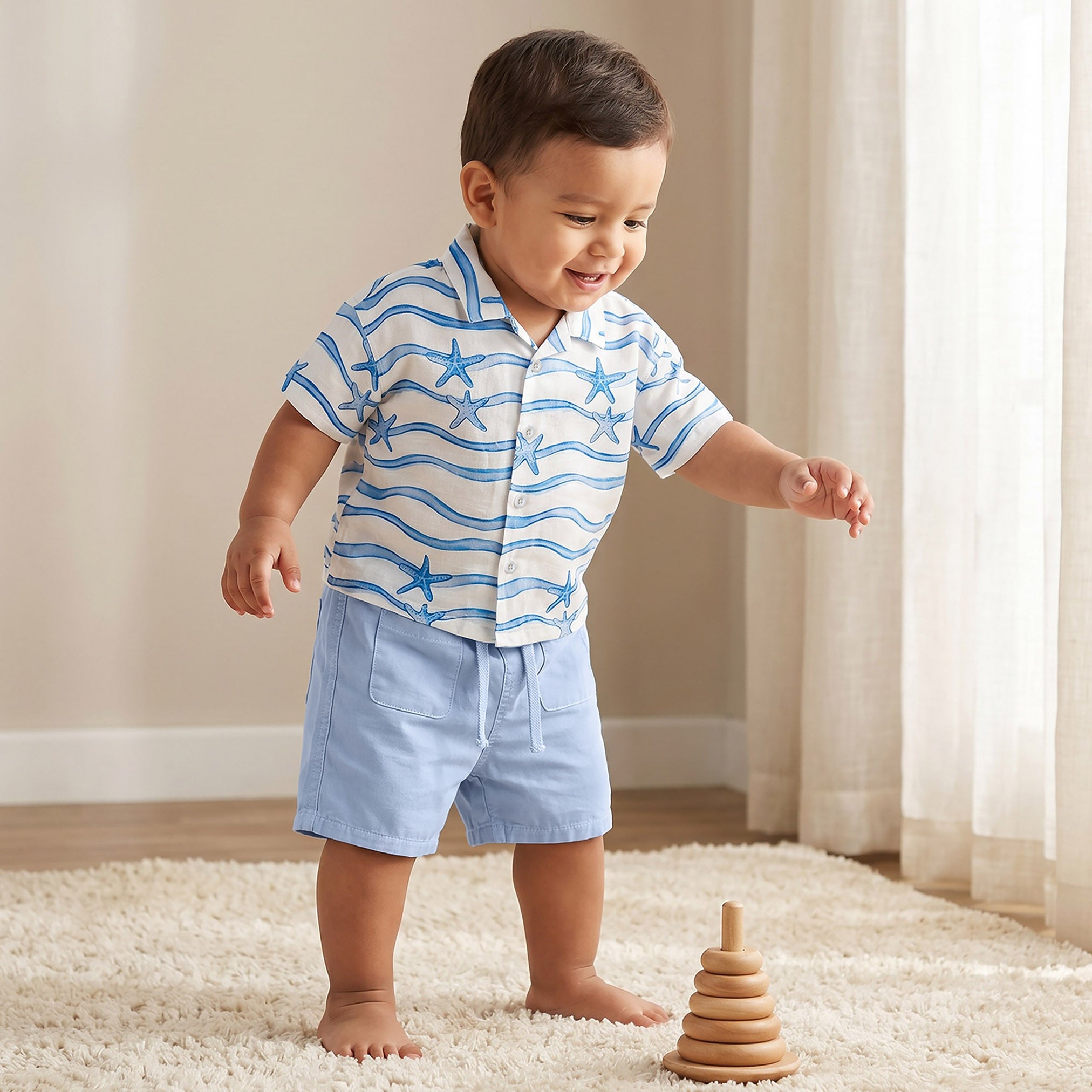 Juniors Collared Neck Short Sleeve Shirt and Shorts Set with Drawstring Closure - Blue / 12-18 mths