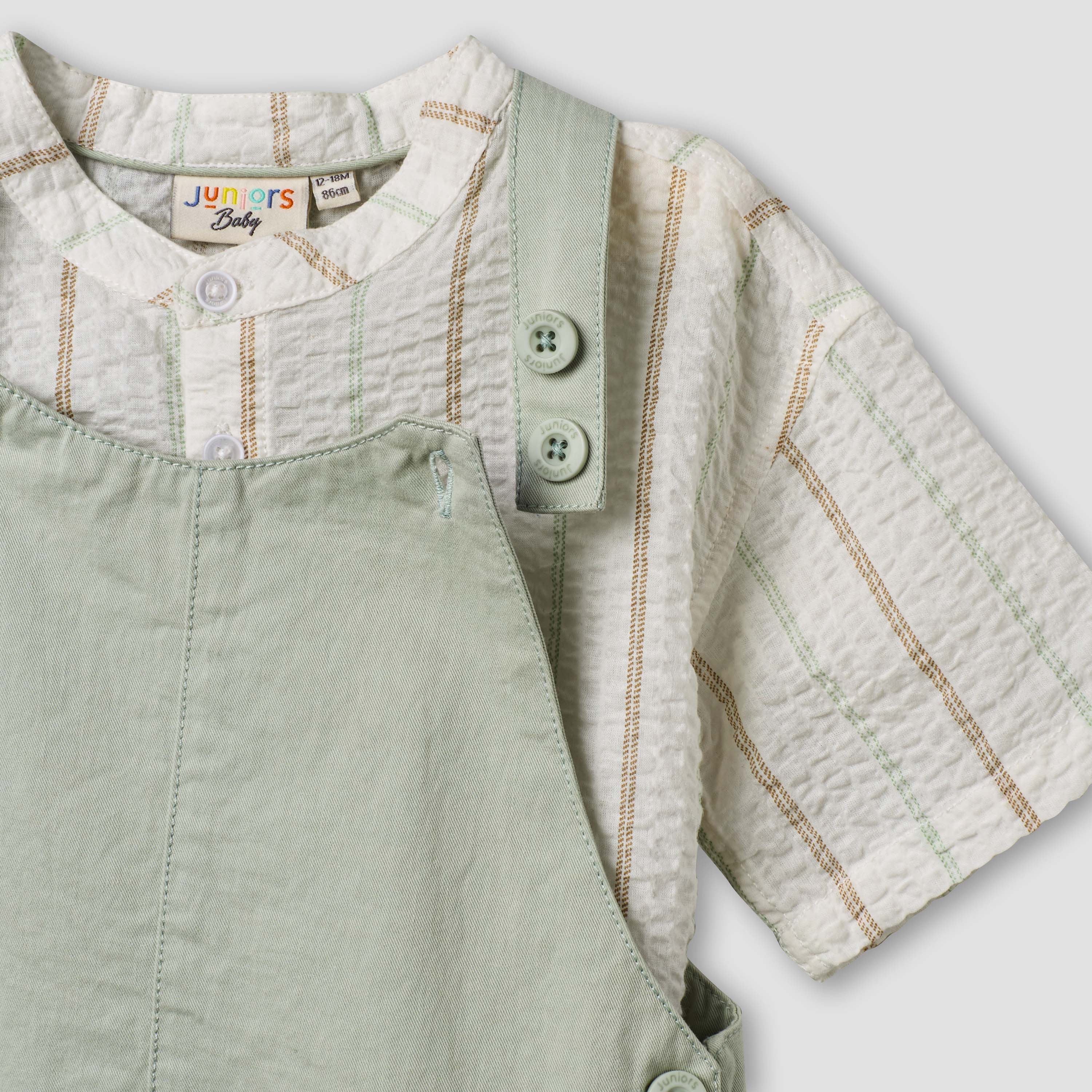 Juniors Mandarin Collar Short Sleeve Shirt and Dungaree Set with Pockets