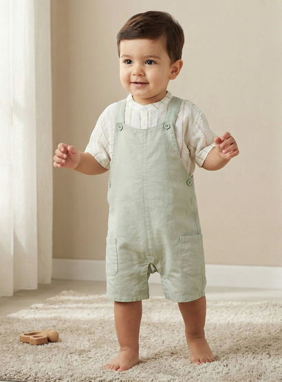 Juniors Mandarin Collar Short Sleeve Shirt and Dungaree Set with Pockets-baby-boys-clothing-setsandcoords-image-1