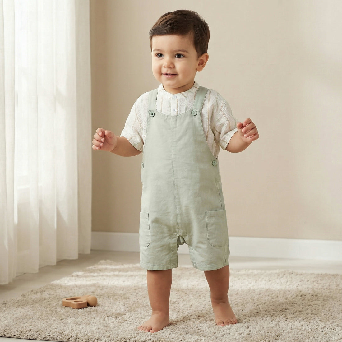 Juniors Mandarin Collar Short Sleeve Shirt and Dungaree Set with Pockets - Green / 18-24 mths