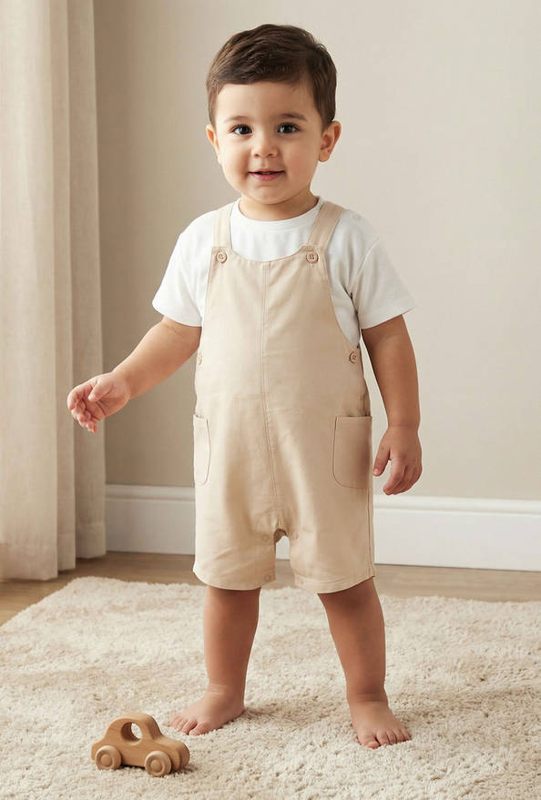 Juniors Crew Neck Short Sleeves T-shirt and Dungaree Set with Pockets
