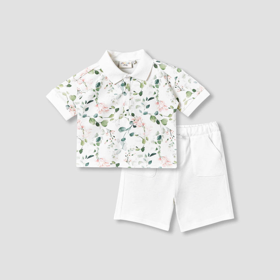 Juniors Collared Short Sleeves Polo T-shirt and Shorts Set with Floral Print - White / 12-18 mths