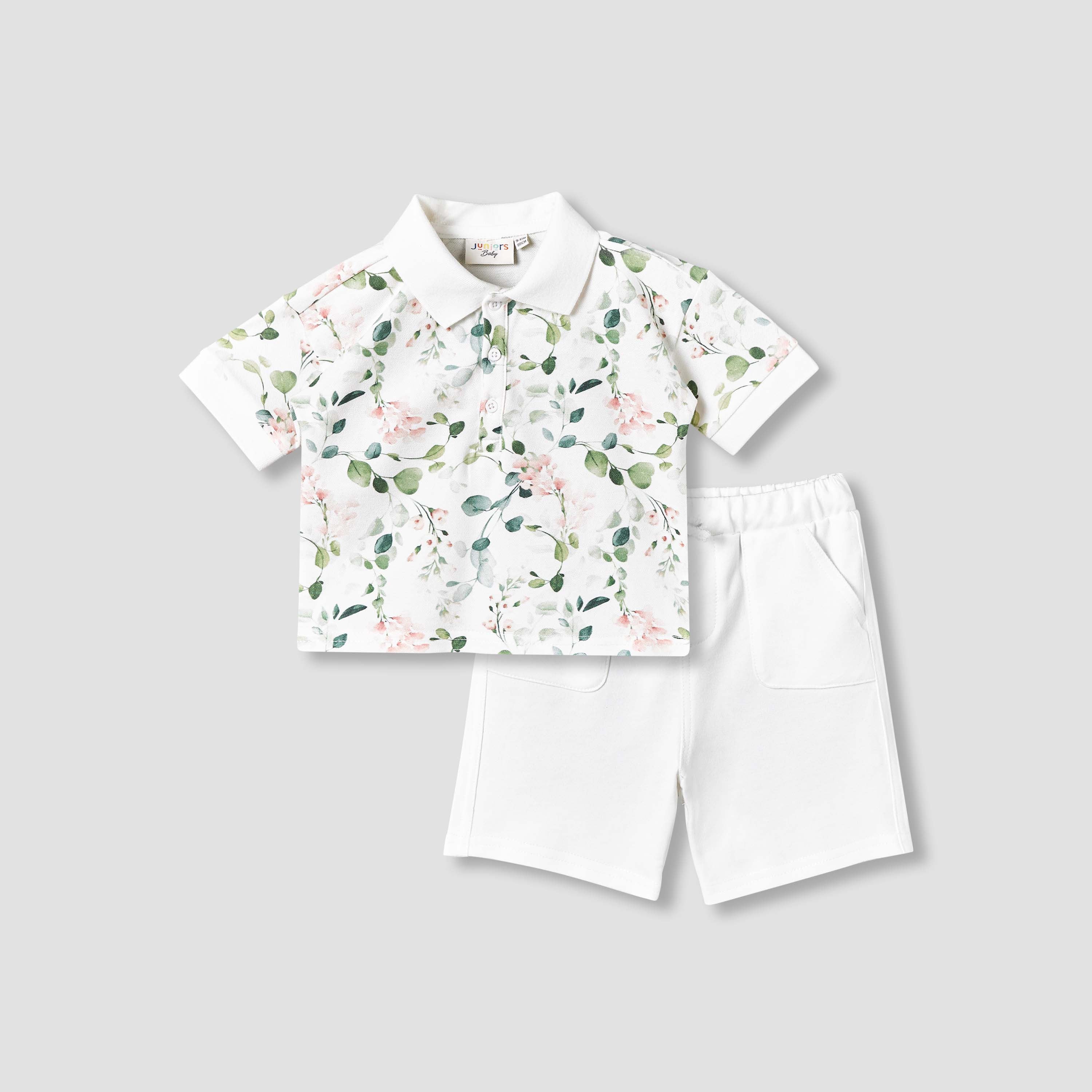 Juniors Collared Short Sleeves Polo T-shirt and Shorts Set with Floral Print