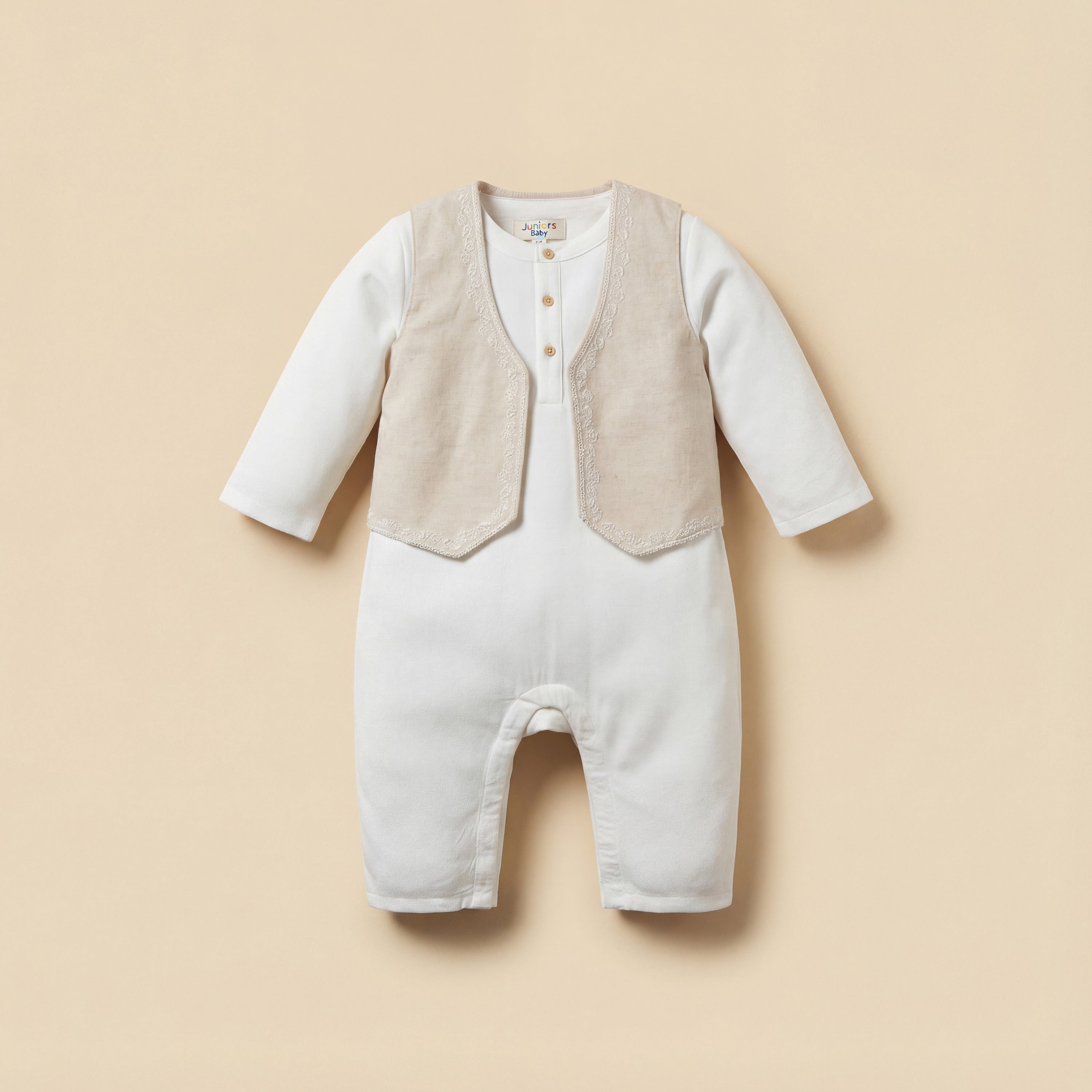 Juniors Mandarin Neck Long Sleeves Romper and Embroidered Waistcoat Set