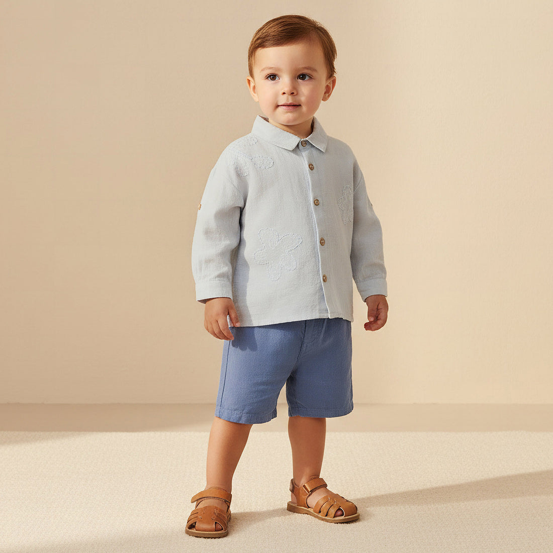 Juniors Collared Neck Long Sleeve Shirt and Shorts Set with Pockets