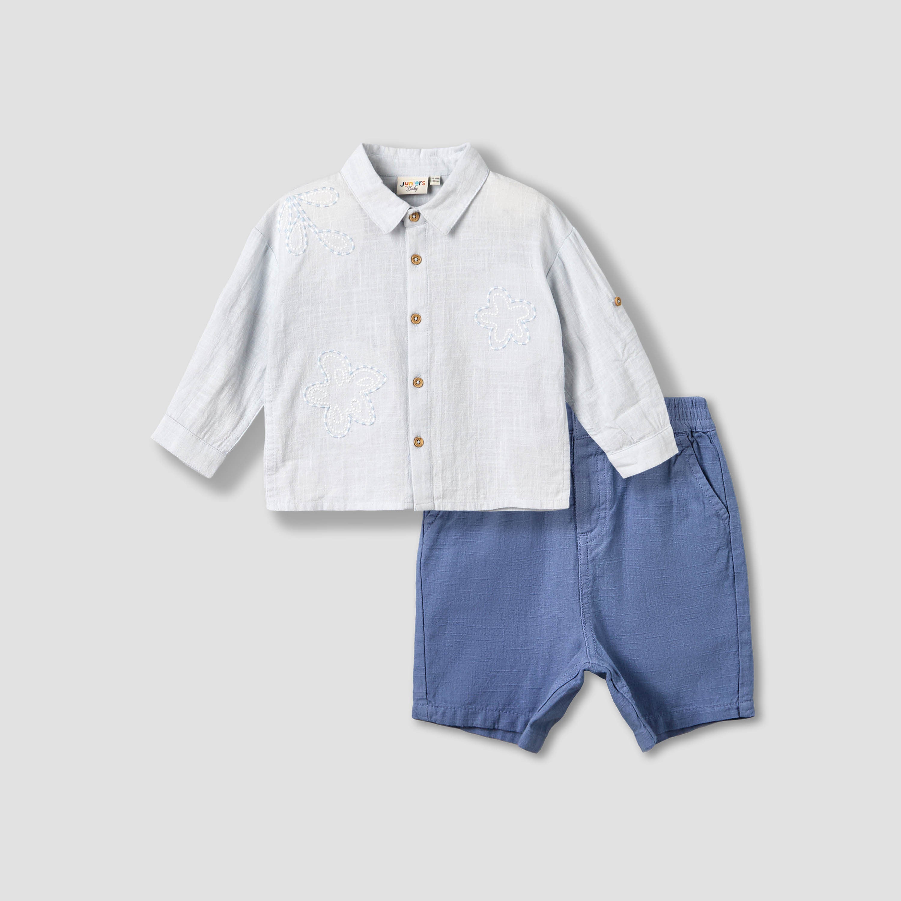 Juniors Collared Neck Long Sleeve Shirt and Shorts Set with Pockets