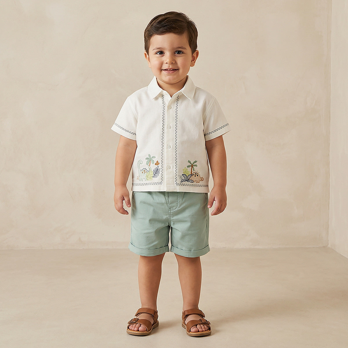 Juniors Collared Short Sleeves Shirt and Shorts Set with Embroidery - Multicolour / 24-36 mths