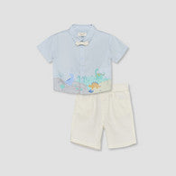 Juniors Collared Short Sleeves Shirt and Shorts Set with Dinosaur Print-undefined-image-1