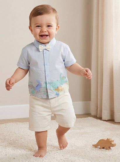 Juniors Collared Short Sleeves Shirt and Shorts Set with Dinosaur Print-baby-boys-clothing-setsandcoords-image-1