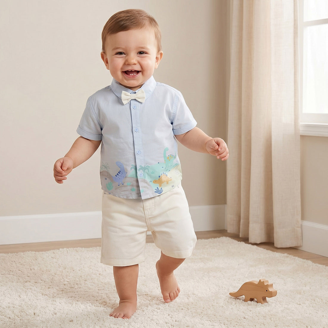 Juniors Collared Short Sleeves Shirt and Shorts Set with Dinosaur Print - Multicolour / 12-18 mths