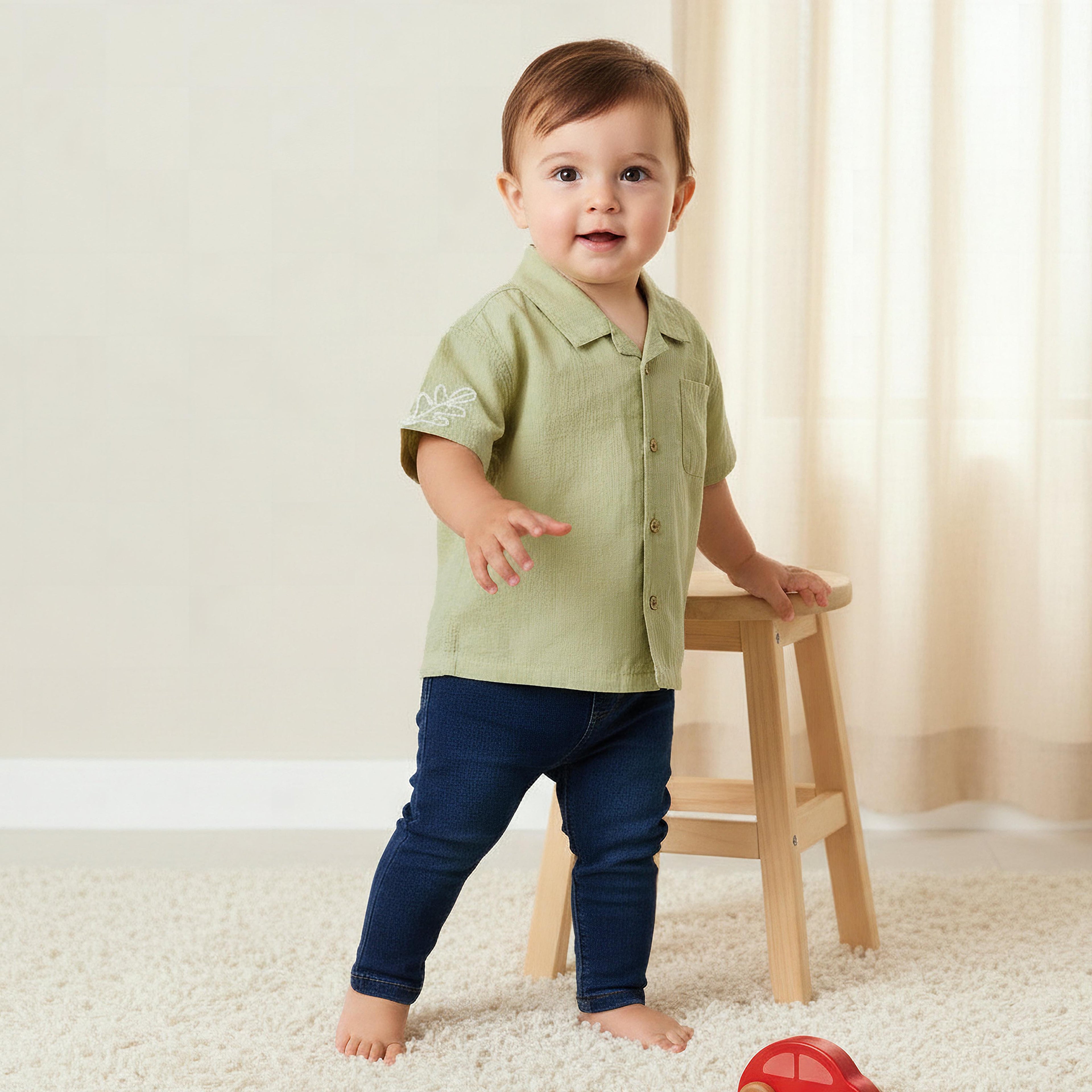 Giggles Short Sleeves Shirt with Leaf Embroidery - Green / 18-24 mths