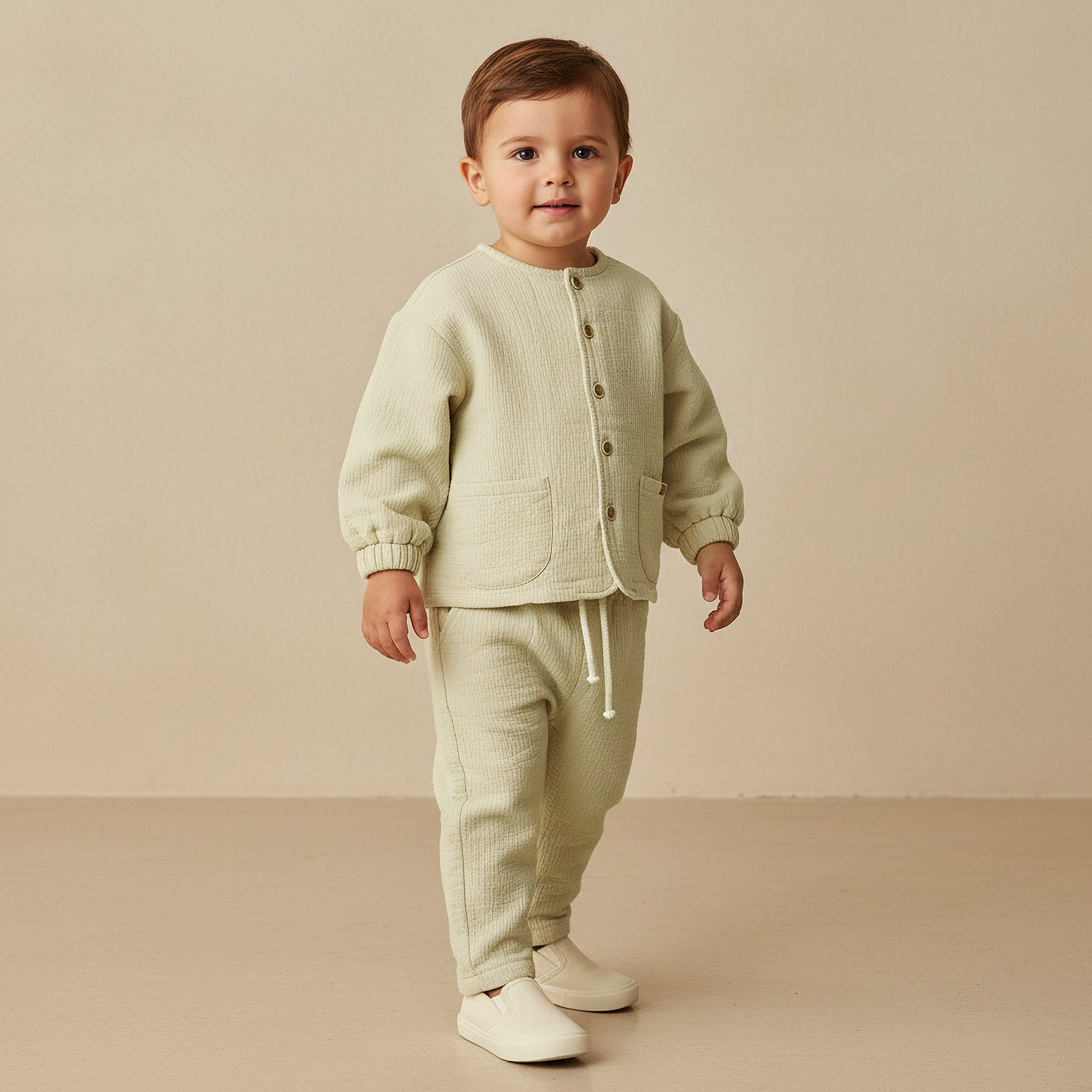 Giggles Crew Neck Long Sleeves Top and Pants Set with Textured Design - Green / 12-18 mths