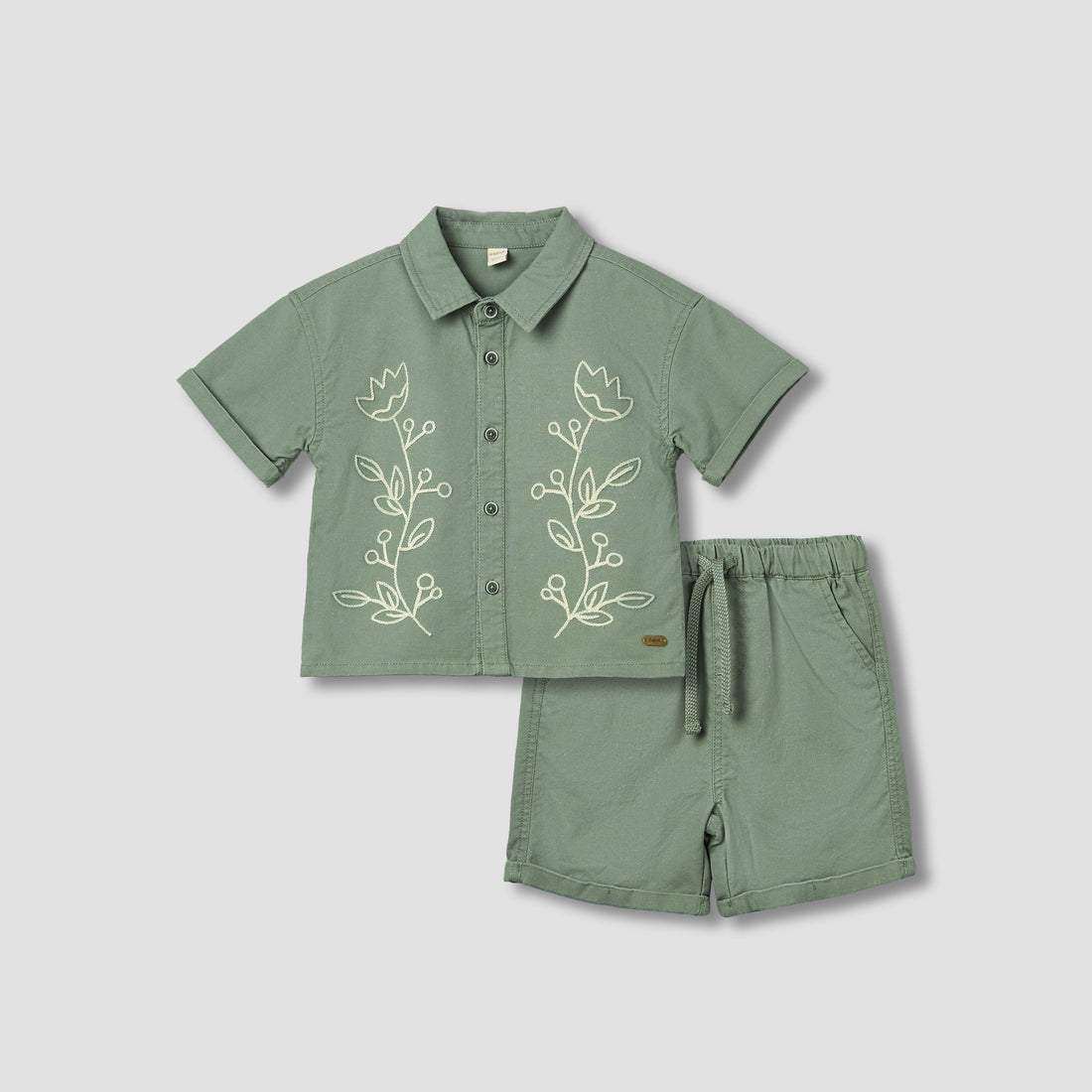 Giggles Collared Short Sleeves Shirt and Shorts Set with Floral Embroidery