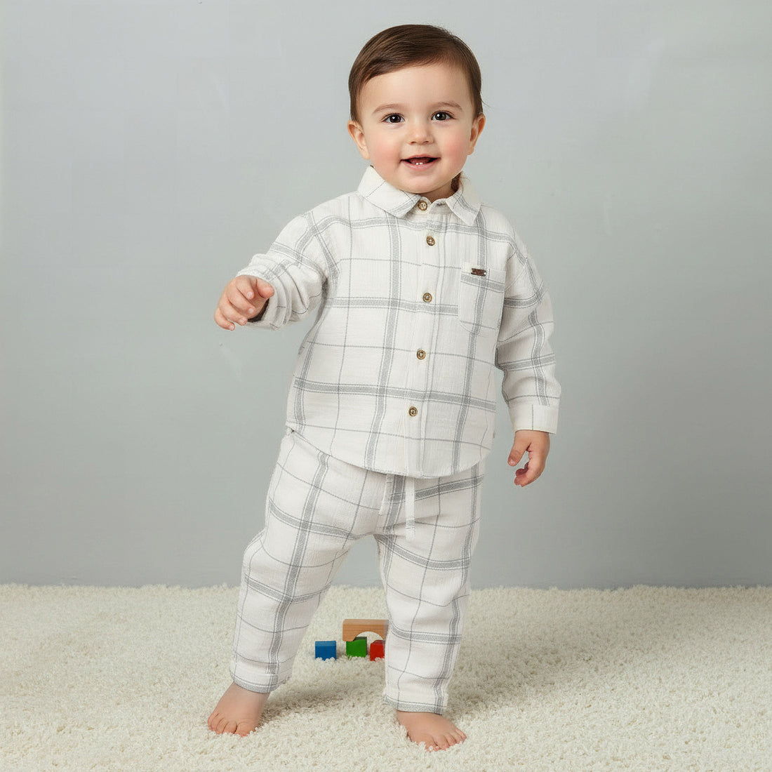 Giggles Collared Long Sleeves Shirt and Pants Set with Checked Design - White / 18-24 mths