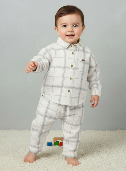 Giggles Collared Long Sleeves Shirt and Pants Set with Checked Design-baby-boys-clothing-setsandcoords-image-1