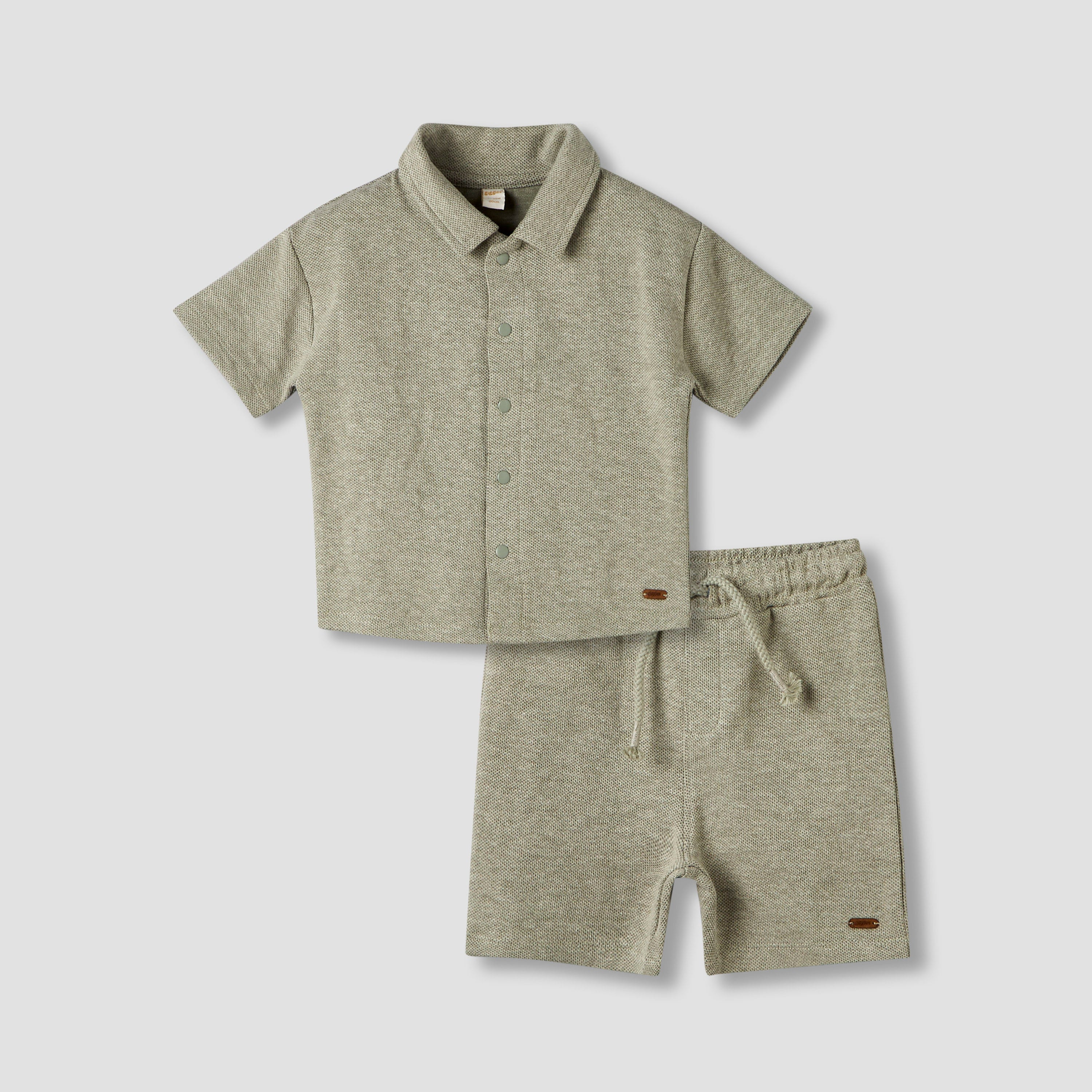 Giggles Collared Neck Short Sleeve Shirt and Shorts Set with Drawstring Closure - Green / 12-18 mths
