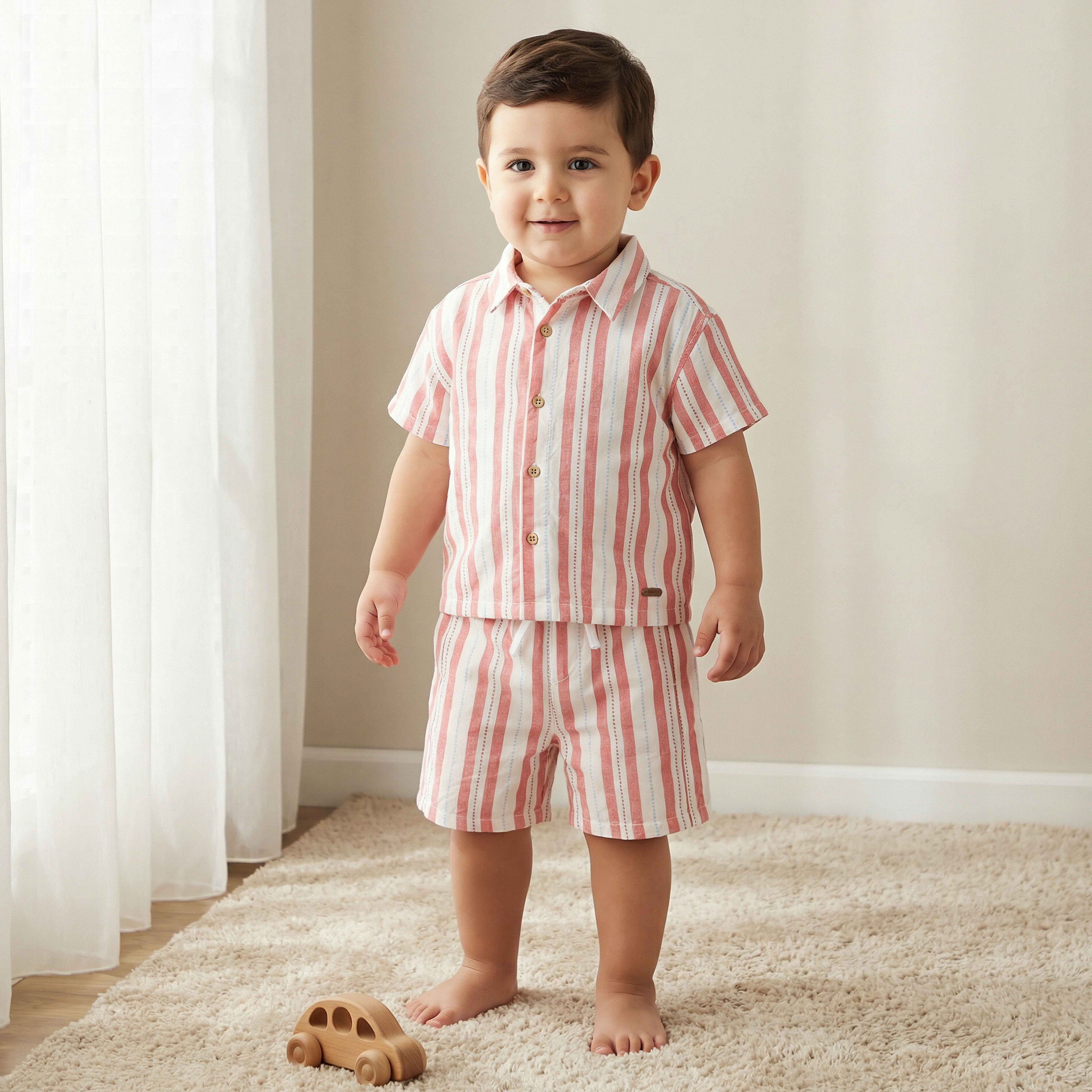 Giggles Collared Short Sleeve Shirt and Shorts Set with Stripes - Multicolour / 24-36 mths