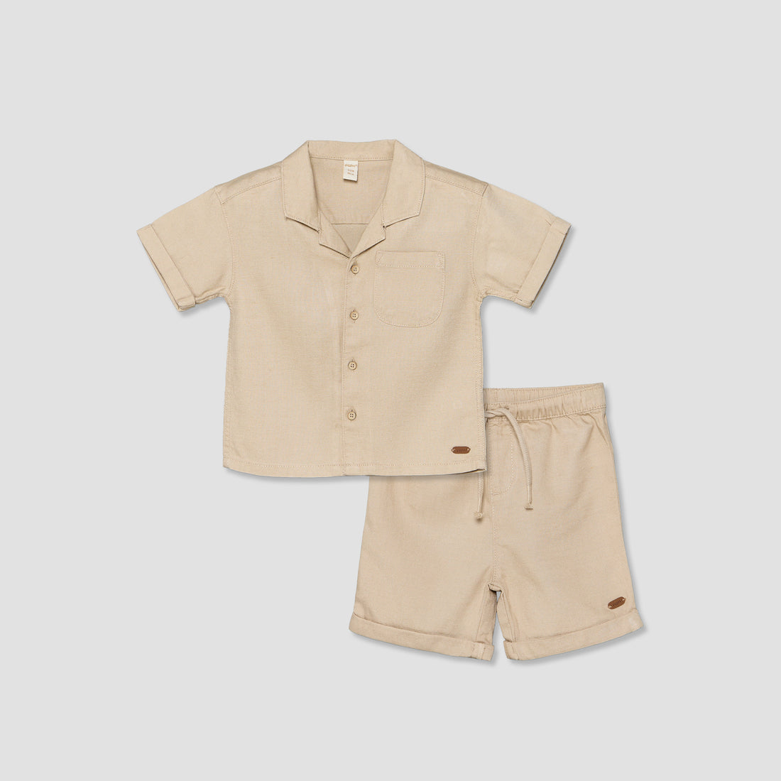 Giggles Collared Short Sleeves Shirt and Shorts Set with Chest Pocket - Beige / 18-24 mths