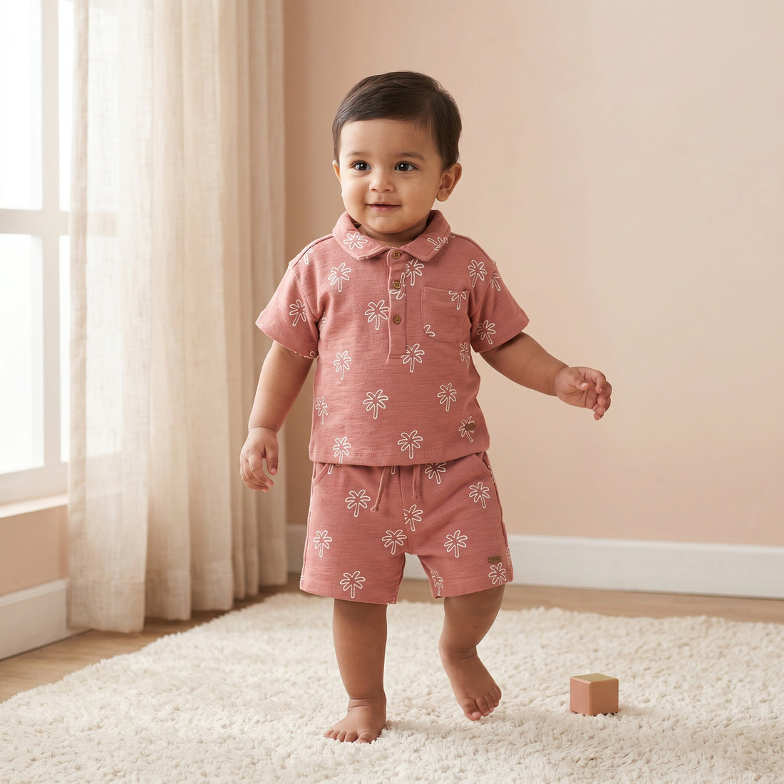 Giggles Collared Short Sleeves Polo T-shirt and Shorts Set with Palm Tree Print - Orange / 24-36 mths