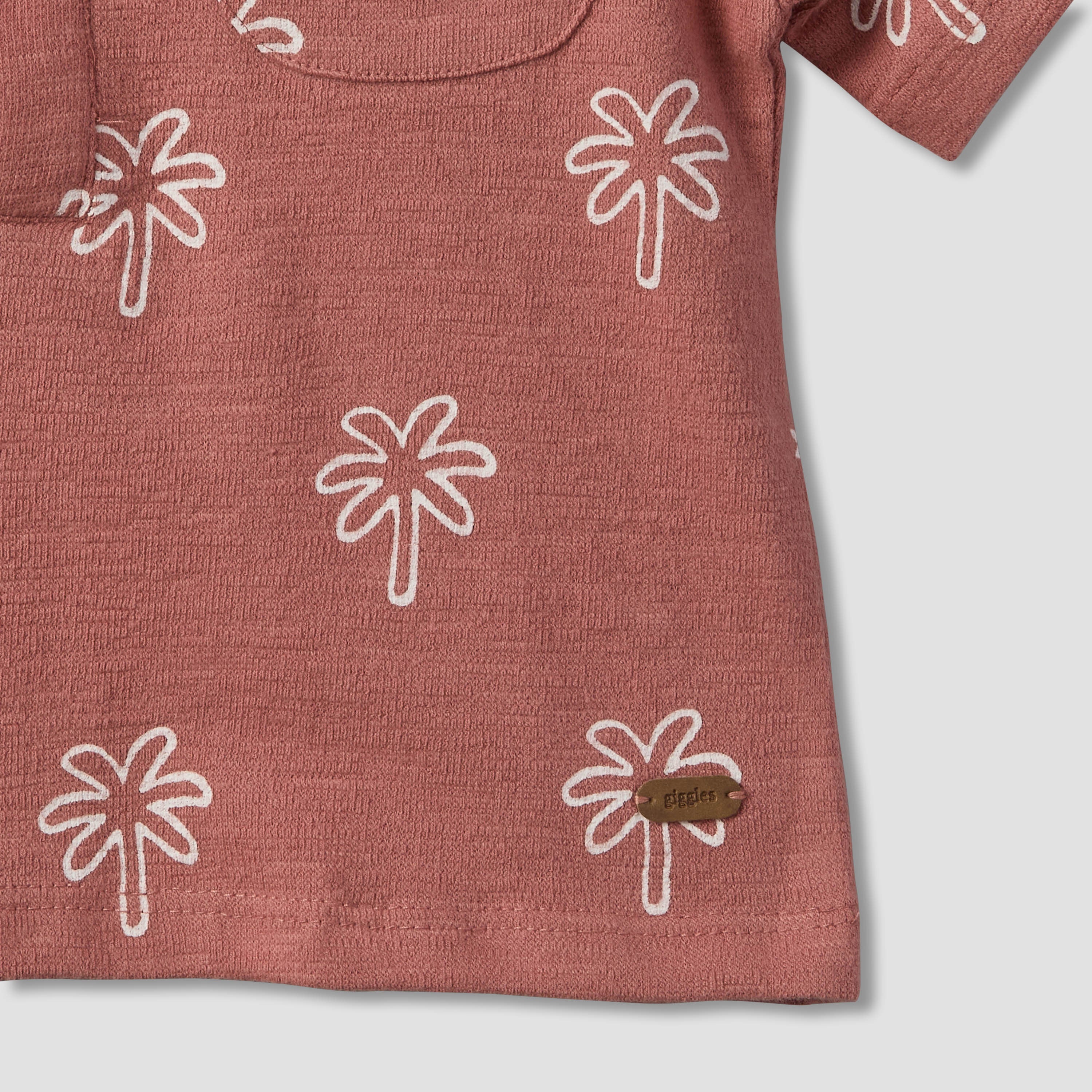 Giggles Collared Short Sleeves Polo T-shirt and Shorts Set with Palm Tree Print