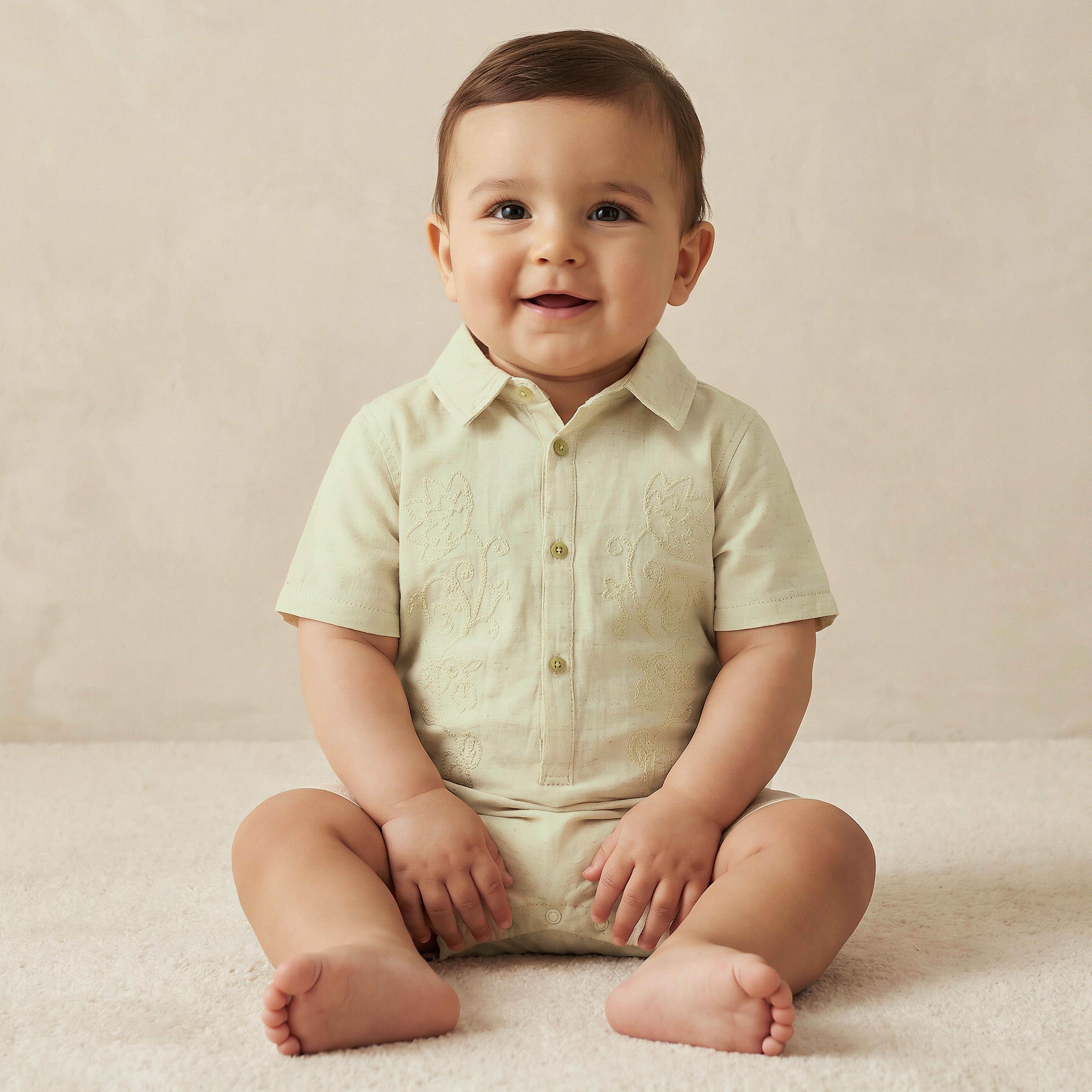 Giggles Collared Short Sleeves Romper with Embroidery