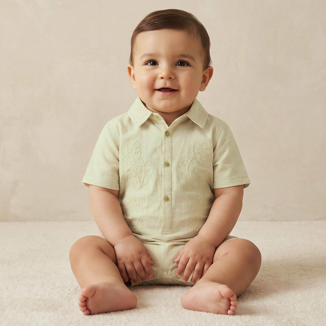 Giggles Collared Short Sleeves Romper with Embroidery