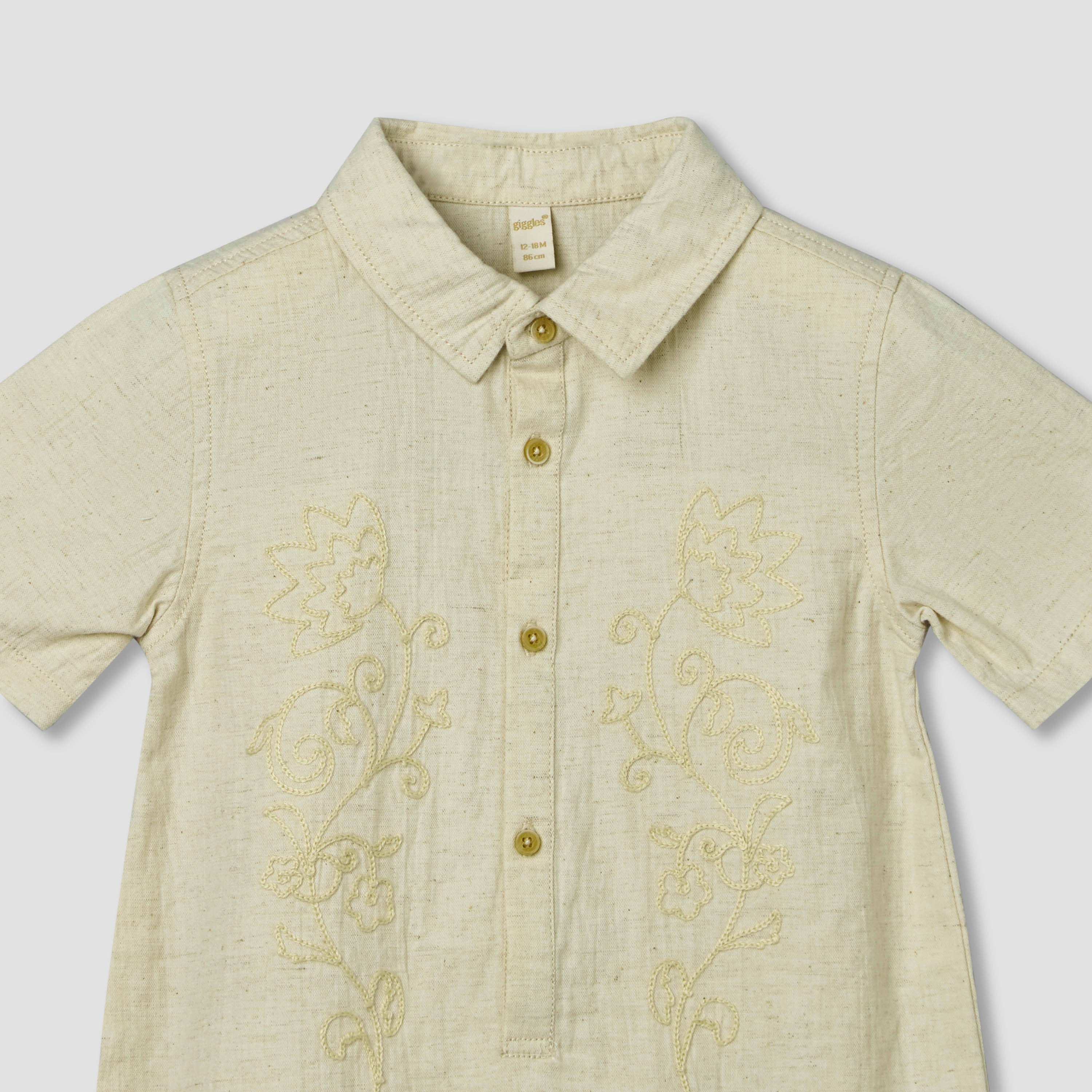 Giggles Collared Short Sleeves Romper with Embroidery