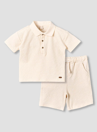 Giggles Collared Short Sleeve Polo T-shirt and Shorts Set with Texture-baby-boys-clothing-setsandcoords-image-2
