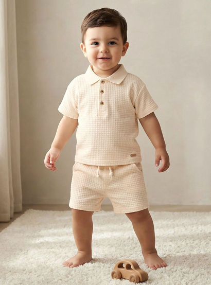 Giggles Collared Short Sleeve Polo T-shirt and Shorts Set with Texture-baby-boys-clothing-setsandcoords-image-1