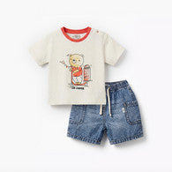 Lee Cooper Crew Neck Short Sleeves T-shirt and Denim Shorts Sets with Bear Print-undefined-image-1