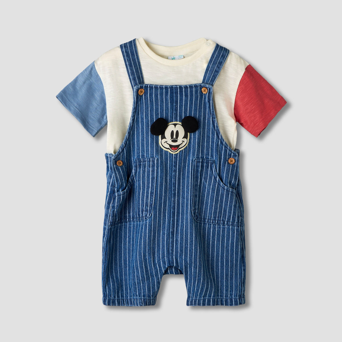Disney Crew Neck Short Sleeves T-shirt and Dungaree Set with Stripes and Mickey Mouse Applique
