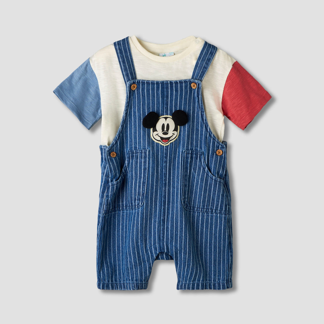 Disney Crew Neck Short Sleeves T-shirt and Dungaree Set with Stripes and Mickey Mouse Applique