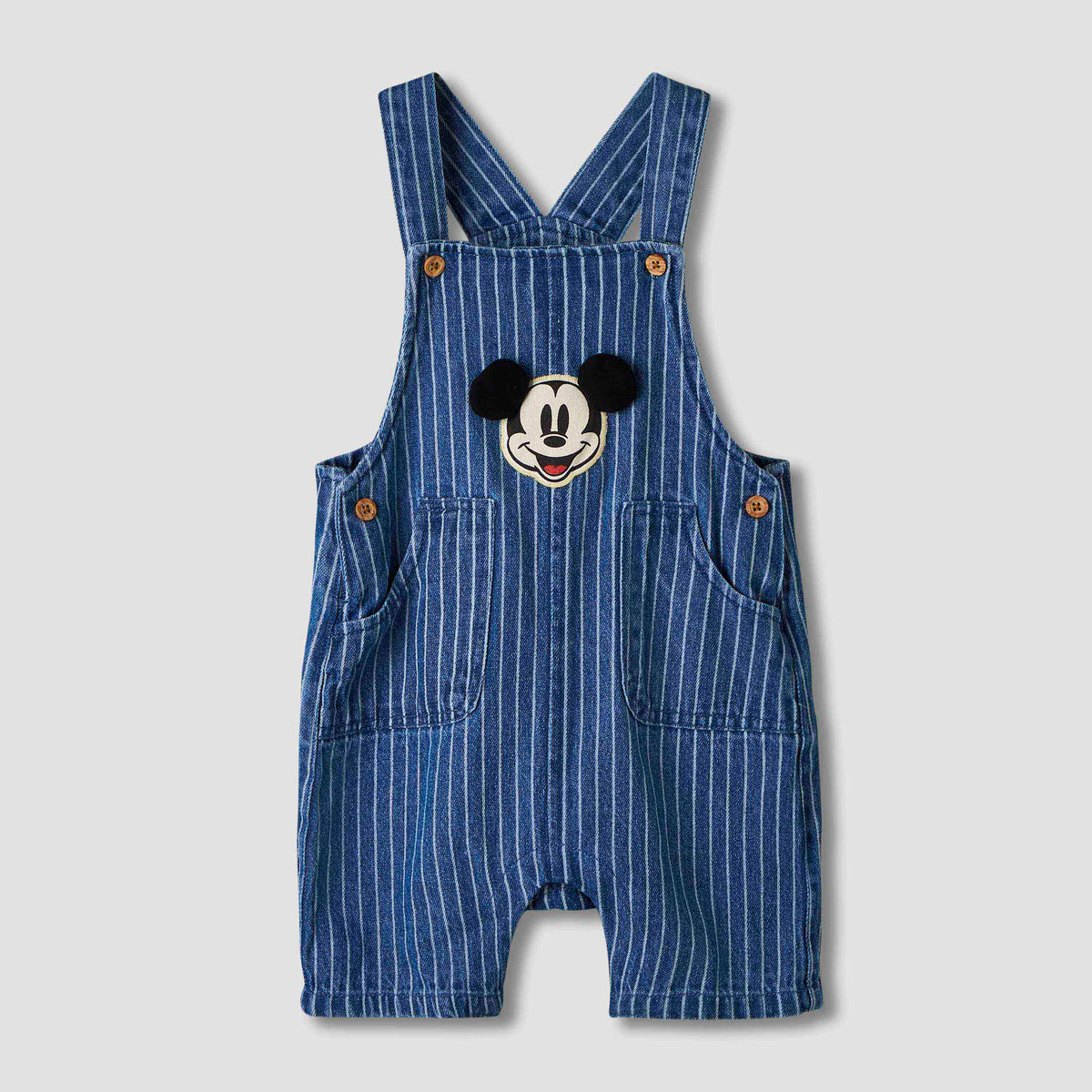 Disney Crew Neck Short Sleeves T-shirt and Dungaree Set with Stripes and Mickey Mouse Applique