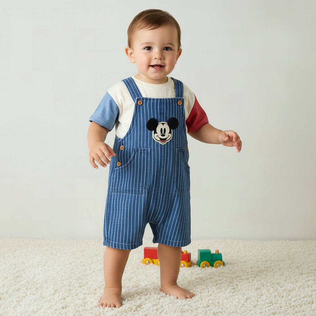 Disney Crew Neck Short Sleeves T-shirt and Dungaree Set with Stripes and Mickey Mouse Applique - Multicolour / 24-36 mths