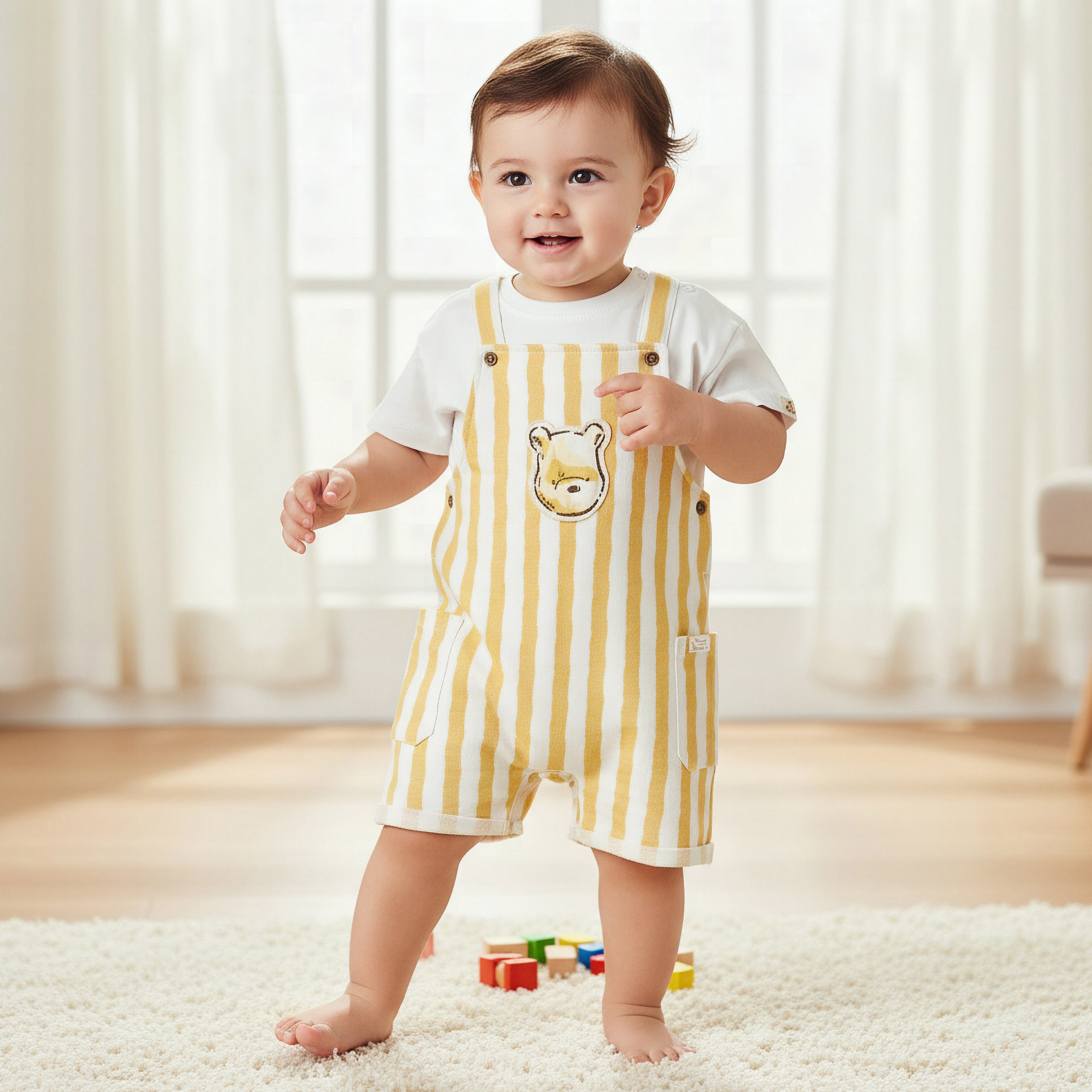 Disney Crew Neck Short Sleeves T-shirt and Dungaree Set with Winnie the Pooh Applique - Multicolour / 24-36 mths
