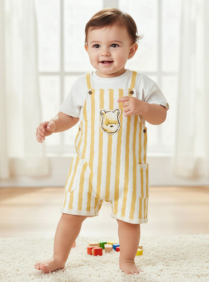 Disney Crew Neck Short Sleeves T-shirt and Dungaree Set with Winnie the Pooh Applique-baby-boys-clothing-setsandcoords-image-1