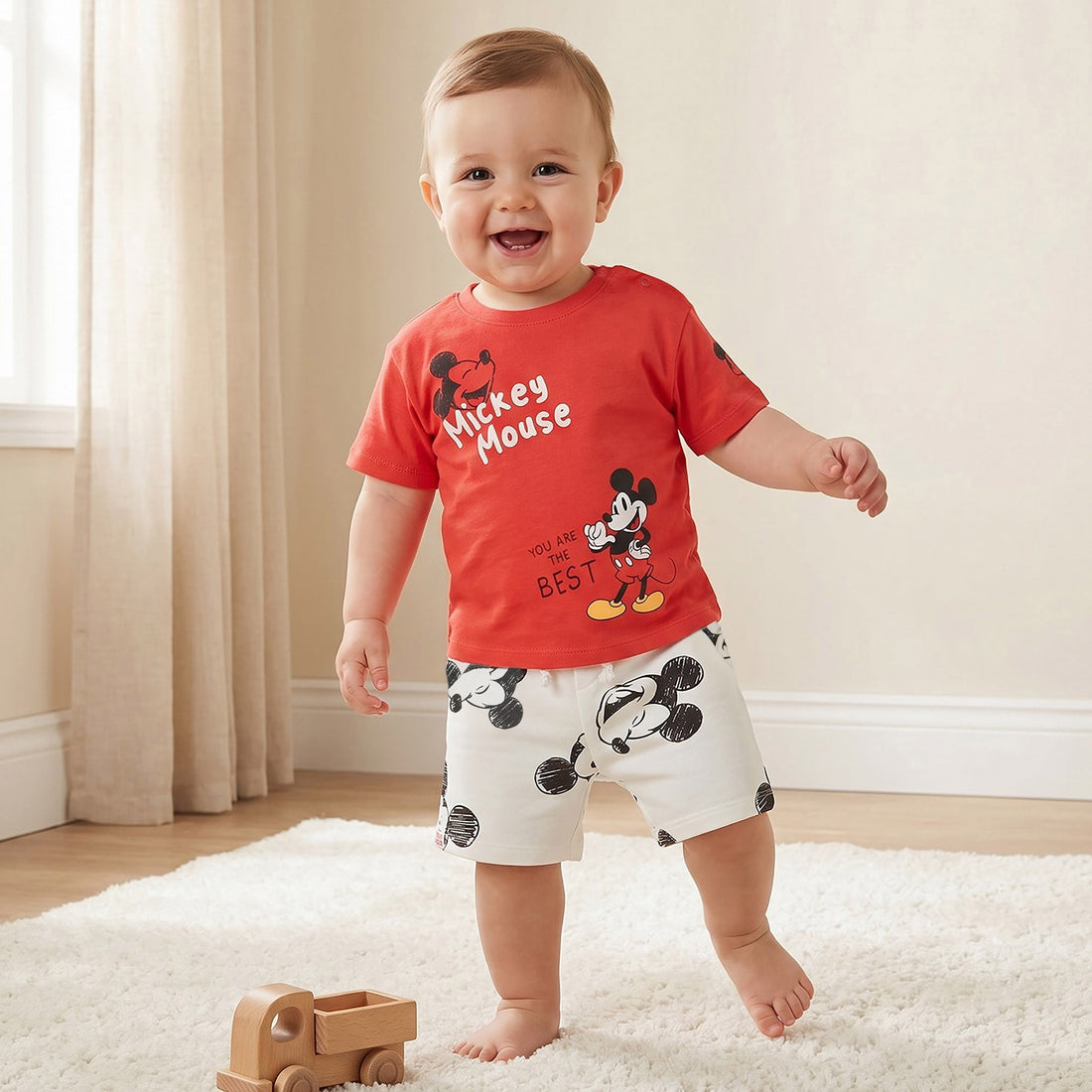 Disney Crew Neck Short Sleeves T-shirt and Shorts Set with Mickey Mouse Print - 12-18 MTHS