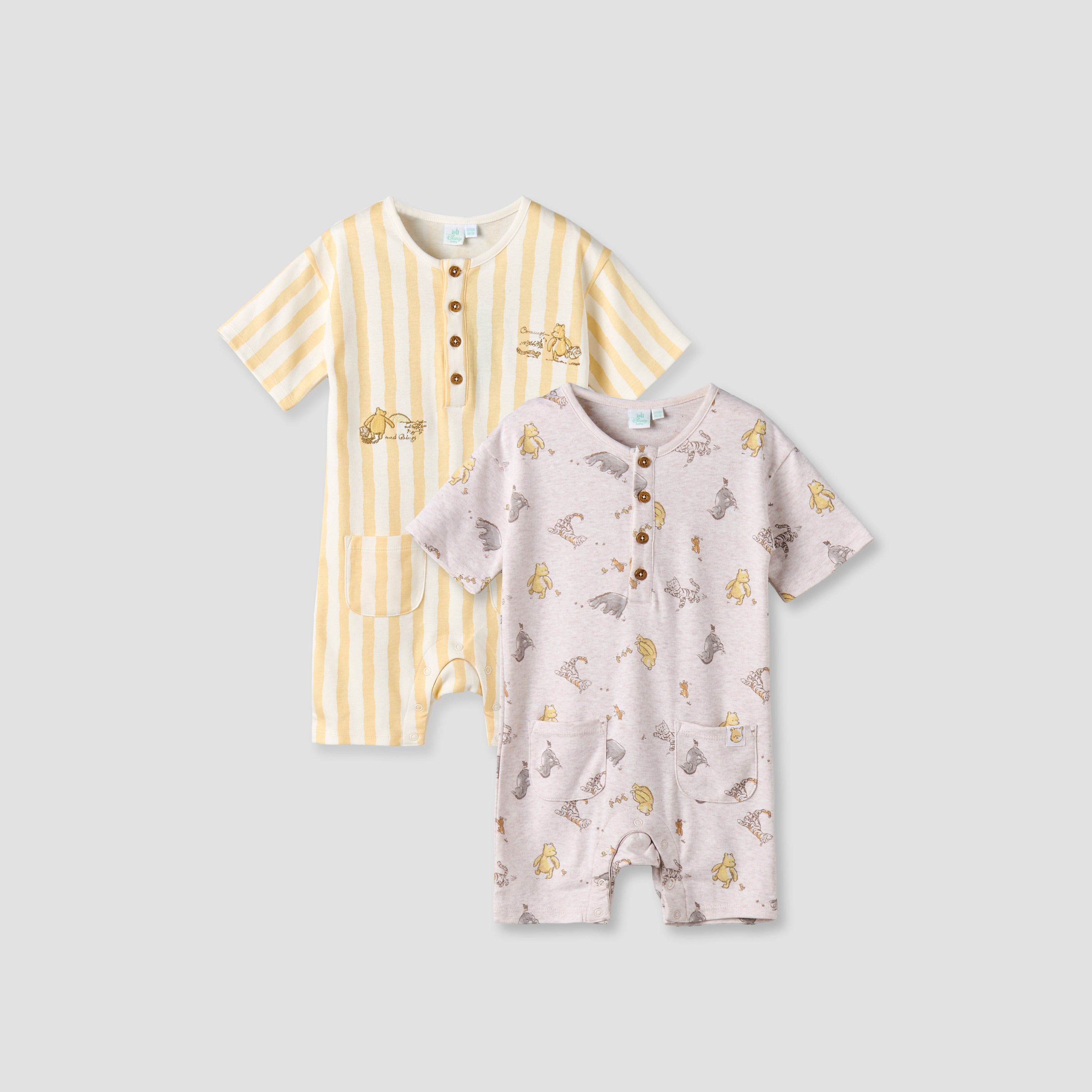 Pack of 2 Disney Round Neck Short Sleeve Romper with Snap Button Closure